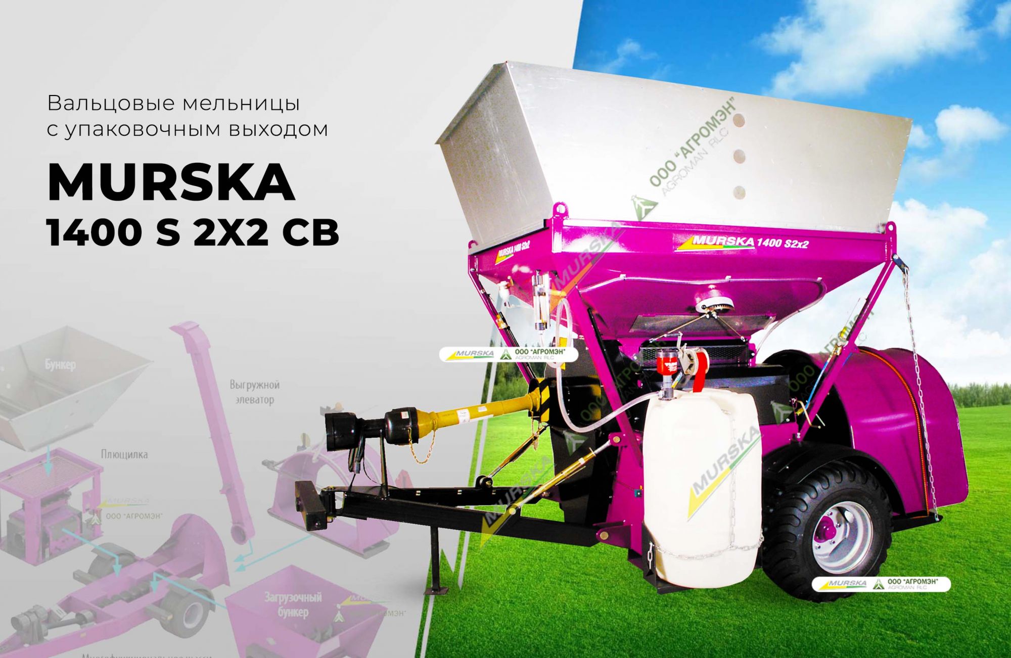 Вальцовая мельница плющилка с упаковочным выходом Murska 1400 S2х2 CB 